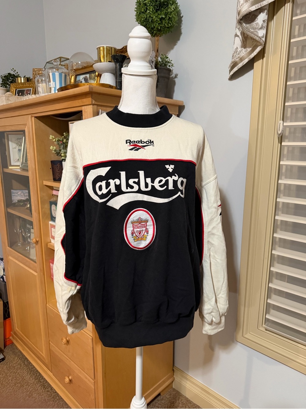 Vintage Reebok x Carlsberg Black and Cream Liverpool Crewneck Sweater Size Large